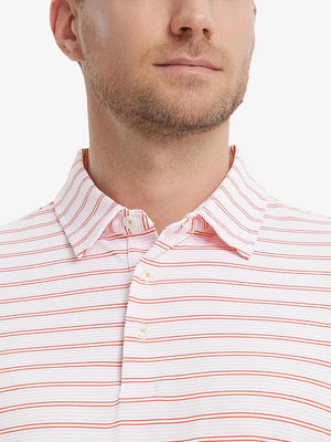 Pink Red Stripe Performance Stripe Golf Shirt – close-up front from model’s nose to chest