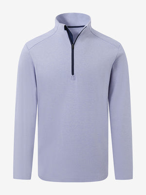 Front 3D view of two tone pique cotton blend q-zip featuring a clean sky blue finish