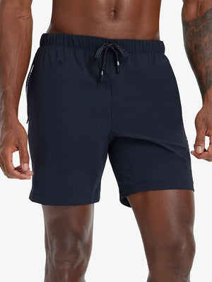 Front lower-body view from waist to knees of model wearing NAVY 2 in 1 Running Sports Shorts with Liner