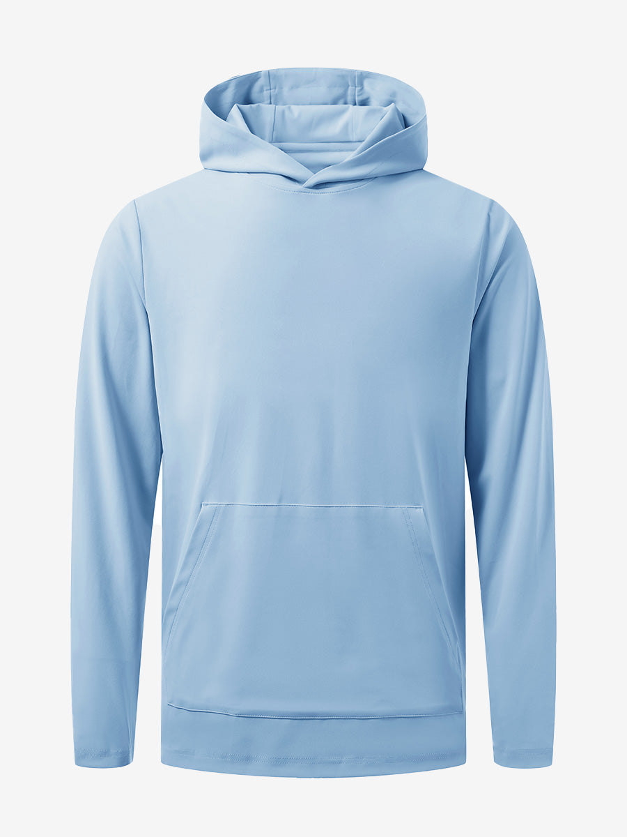 3D front view of youth long sleeve hoodied with kangaroo pocket in light blue, showing clean design.