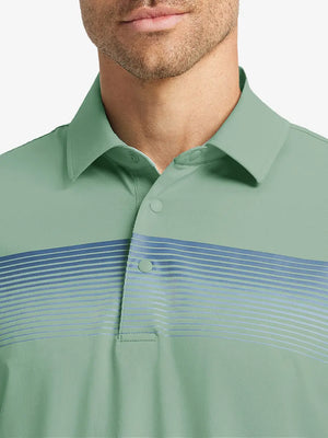 Front half-body view from nose to chest of model wearing BERYL GREEN Stylish Chest Print Snap Polo
