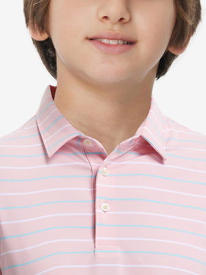 Close-up of collar on trendy boys stripe polo shirts, neat stitching with light pink stripe accent