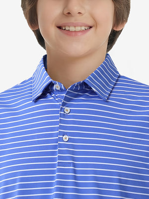 Front collar upper body of youth performance golf polos, clean neckline and blue/white stripe detail