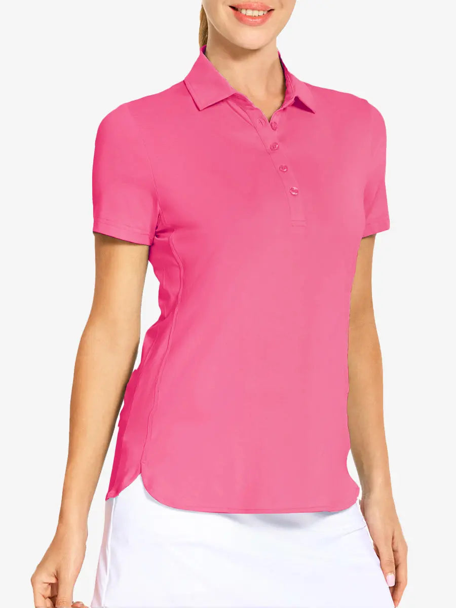 Front view from nose to hem of model wearing ROSE Women's Performance Solid Polo with skirt