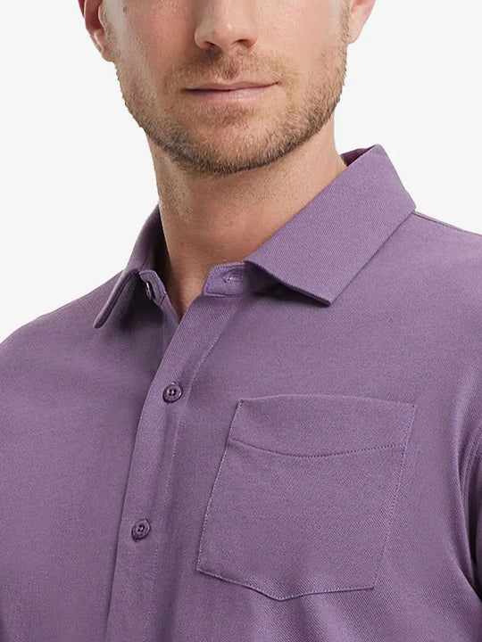 Model front view from nose to chest wearing PURPLE Cotton Blend Plain Shirt.