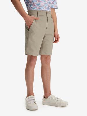Front lower body in khaki grey boys lightweight dry fit flat front golf shorts