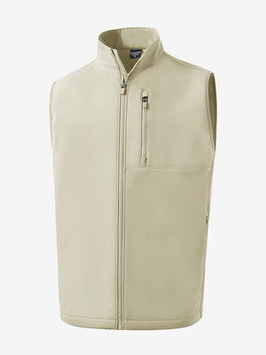 3D view of the sleeveless softshell fleece outdoor vests with 6 pockets in light khaki