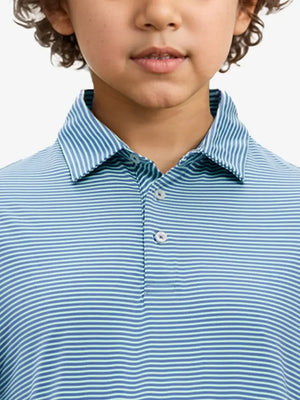 MAELREG Youth Cooling Polo – front upper-body close-up in Green Ash Stripe