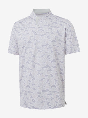 3D view of brown grey camo stretch printed collarless henley golf shirts.