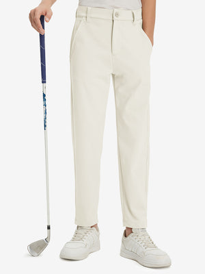 Boys Stretch Fleece Lined Casual Golf Pants in beige, front lower body view with golf club