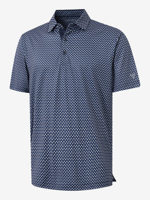 Front 3D view of Performance quick dry print golf polos in blue white stars, clean athletic design