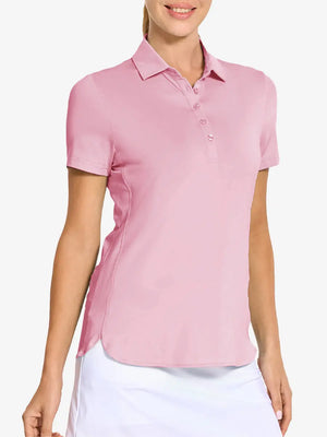 Front view from nose to hem of model wearing PINK Women's Performance Solid Polo with skirt