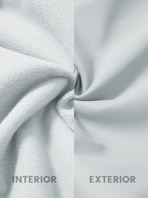 Inside and outside fabric view of light gray thermal water repellent fleece dress pants