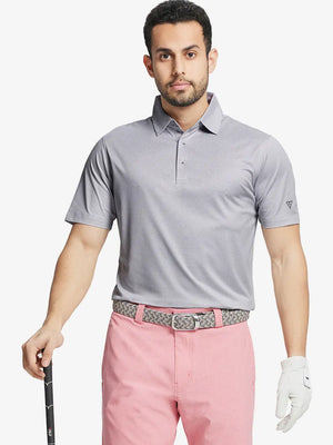Model front half-body holding golf club wearing GREY WHITE Performance Ananas Jacquard Polo
