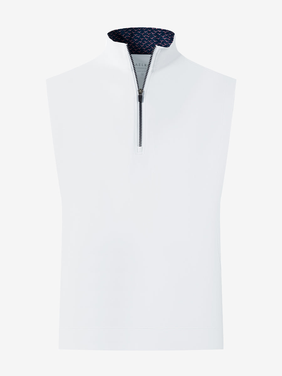 3D front view of the print collar quarter zip golf vest in white, sleek and sporty design.
