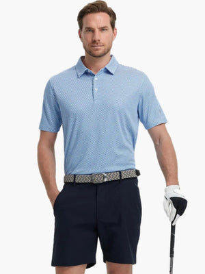 Full body front view of model wearing BLUE WHITE Your Favorite Jacquard Polo, holding a golf club