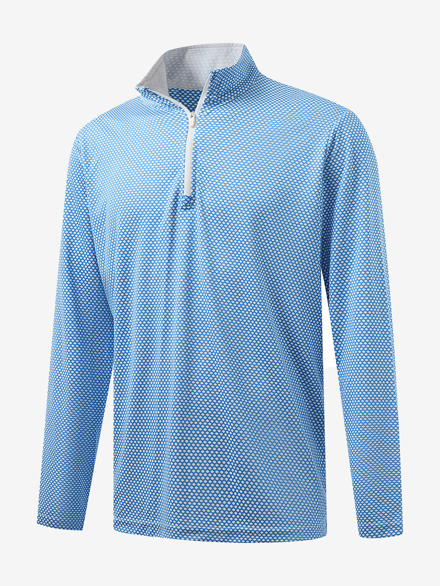 Front 3D view of jacquard quarter zip pullover in blue/white, showing its textured fabric design.
