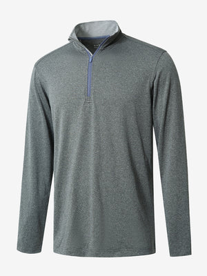 3D rendered display of the GREY MELANG Moisture Wicking Quarter Zip Pullover laid out in detail.