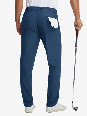 Back view of lightweight flat front casual trousers, showing structure and fit in blue indigo.