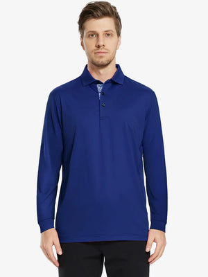 Front half-body view of model wearing KLEIN BLUE Long Sleeve Solid Jersey Polo