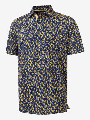 3D render of the yellow duck 4 way stretch print collared polo shirt, displaying the garment structure and design clearly