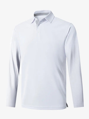 3D view of the white long sleeve pique polo, highlighting its clean design and modern fit.