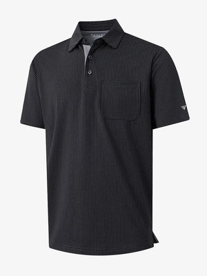 3D view of BLACK Elegant Performance Jacquard Polo showing texture and collar