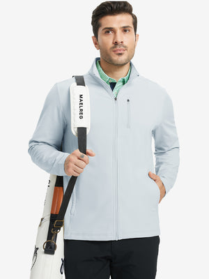 Model wearing misty grey lightweight casual fleece jacket with 5 pockets, hand in pocket, tennis bag