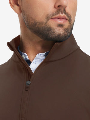Ultra-Soft Brushed Fleece Lining Quarter Zip Sweatshirt in coffee brown, close-up front view