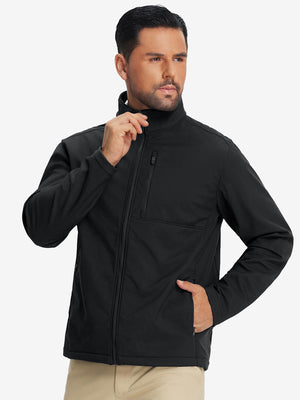 Model wearing winter thermal outdoor water resistant fleece jacket, hand in side pocket, relaxed fit in black