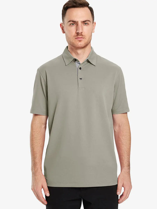 Half-body front pose with golf club in DARK KHAKI Ventilated Pique Performance Polo