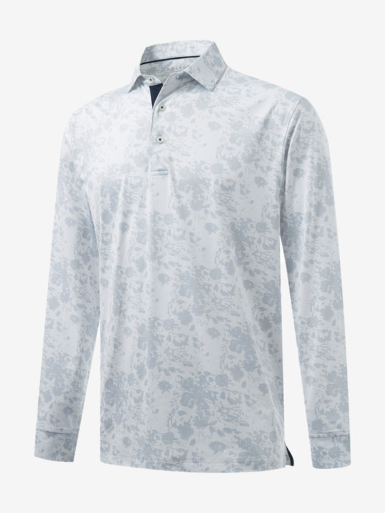 3D front view of the lightweight print long sleeve polo in gray ink splash, modern and athletic design.