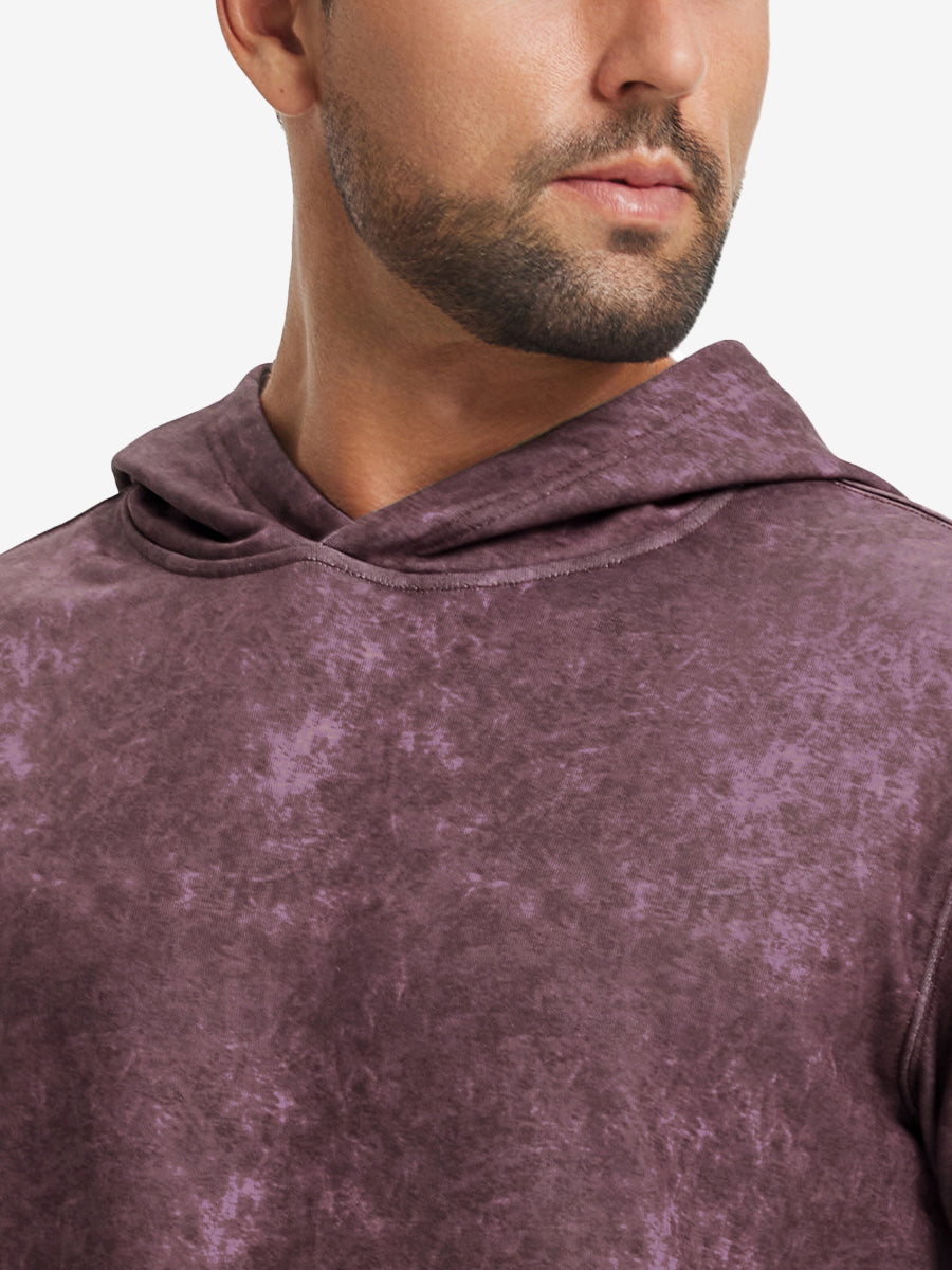 Close-up of neckline and drawstring area of the exclusive print kangaroo hoodies in purple red.