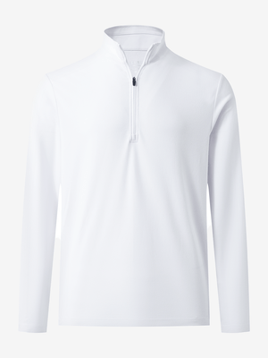 Front 3D view of Premium jacquard quarter zip pullover in white with refined structure
