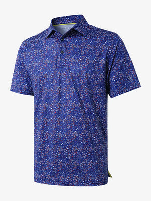 The 3D view shows off the navy blue firework print polo shirt, a perfect blend of festive vibes and sporty style.