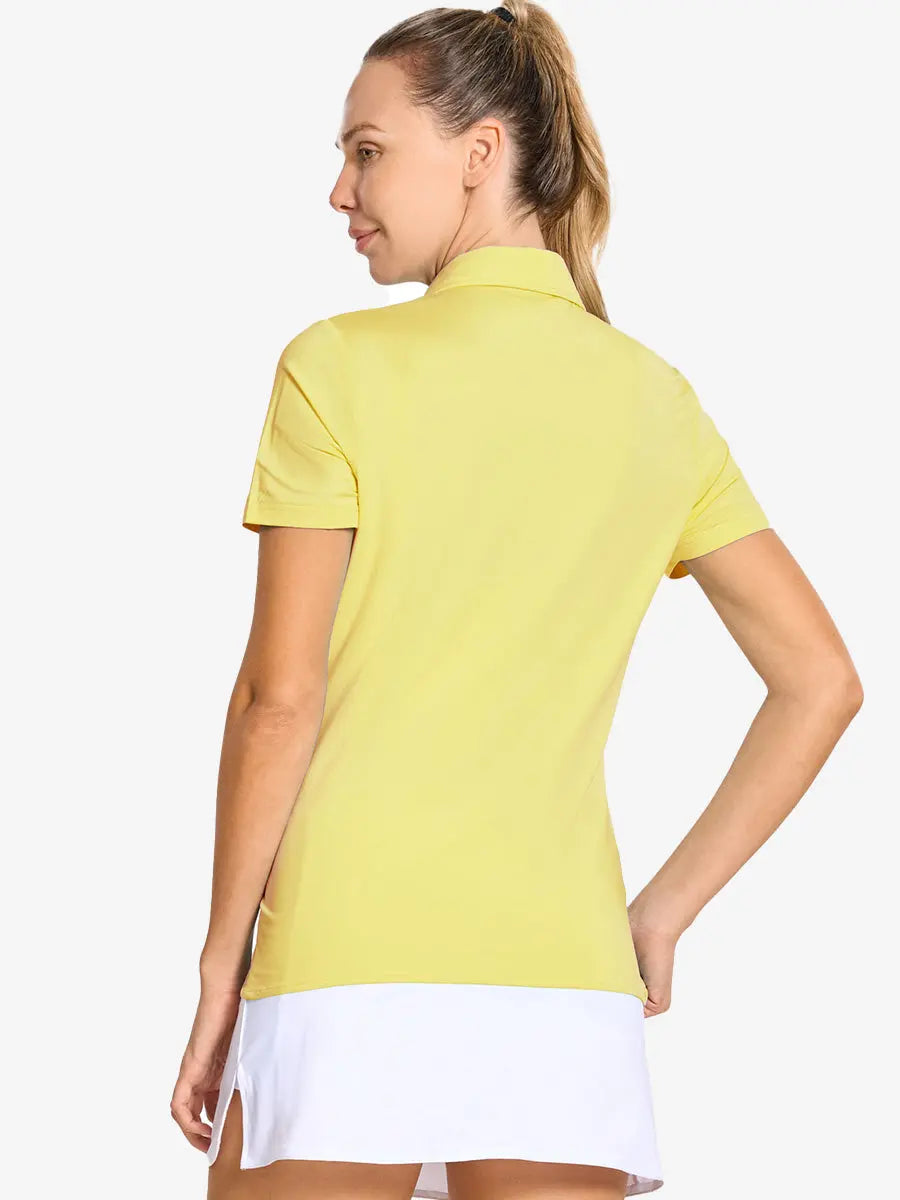 Back-side half-body shot of model in YELLOW Women's Performance Solid Polo, looking over shoulder