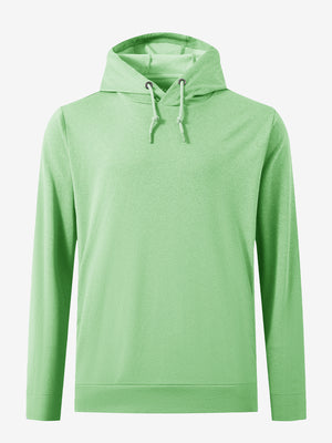 3D front view of the classic heather pullover hoodie in light green melange, simple and relaxed athletic fit.