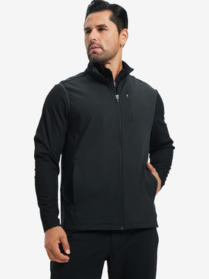 Model wearing water-resistant fleece golf vests, hand in side pocket, relaxed fit in black
