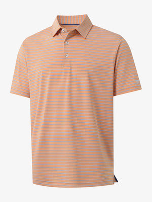 3D angle of ORANGE/CAROLINA BLUE STRIPE Polo showing textured stripe weave