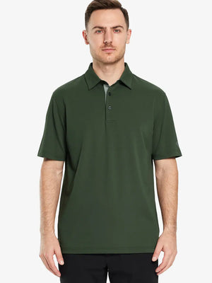 Half-body front pose with golf club in OLIVE GREEN Ventilated Pique Performance Polo