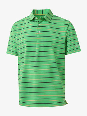 Front 3D view of trendy boys stripe polo shirts, clean structure and modern green stripe look