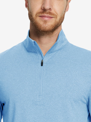 Model wearing quarter zip melange pullover, light blue melange, front upper-body with relaxed fit.