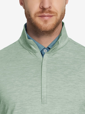 Heather Pinstripe Brushed Dry Fit Quarter Zip Pullover in beryl green melange, front chest detail showing brushed fabric and pinstripe texture
