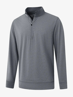 3D view of BLACK GREY HEATHER Quarter Zip Melange Pullover showing shape and melange pattern.