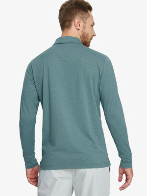 Aqua Heather Skin-friendly Long Sleeve Melange Polo – back half-body view on model