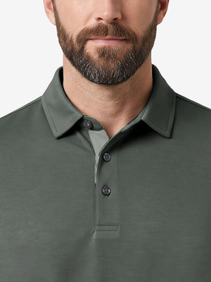 Front view from nose to chest of model wearing grey  ultra-comfort slim fit roma knit polo shirts
