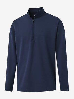 Front 3D view of Premium jacquard quarter zip pullover in dark blue with refined structure