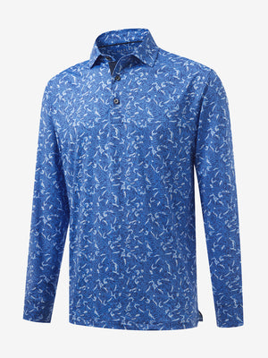 3D front view of the lightweight print long sleeve polo in line animal, modern and athletic design.