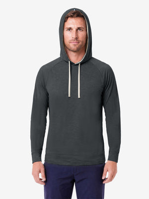 Model front upper body wearing view, heather midlayer golf hoodies in black heather
