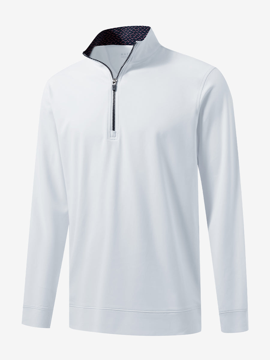 3D front view of the lightweight golf quarter zip pullover in white, clean and athletic design.